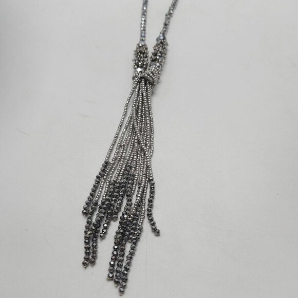 Sparkling Silver Beaded Tassel Necklace Faceted Beads Intricate Knot Design - Picture 5 of 7